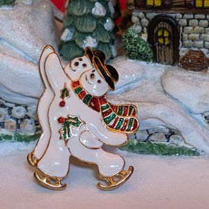 Vtg Two Snowmen Ice Skating Metallic Enamel Christmas Lapel Brooch Pin In Box